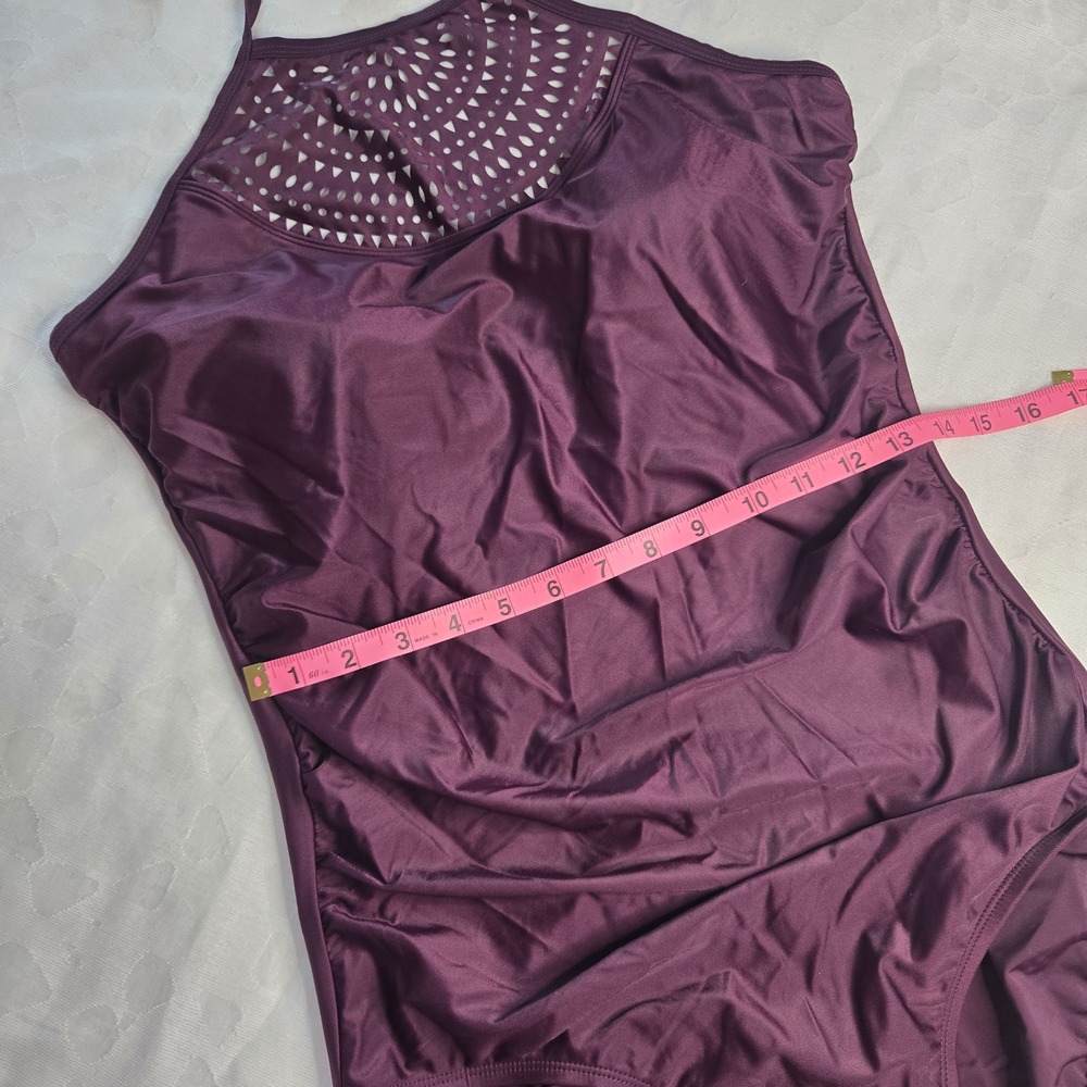 NWT Merona Purple Solid Halter One Piece Swimsuit L Tall Mesh Cutout Padded - Picture 6 of 11